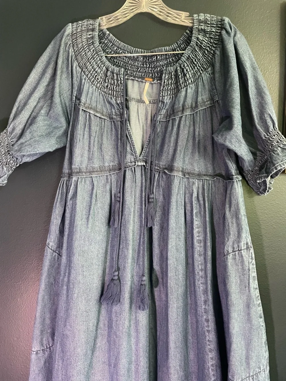 Free People One and Only Denim Dress Dark Denim Boho Ruffle Dress - Picture 4 of 6